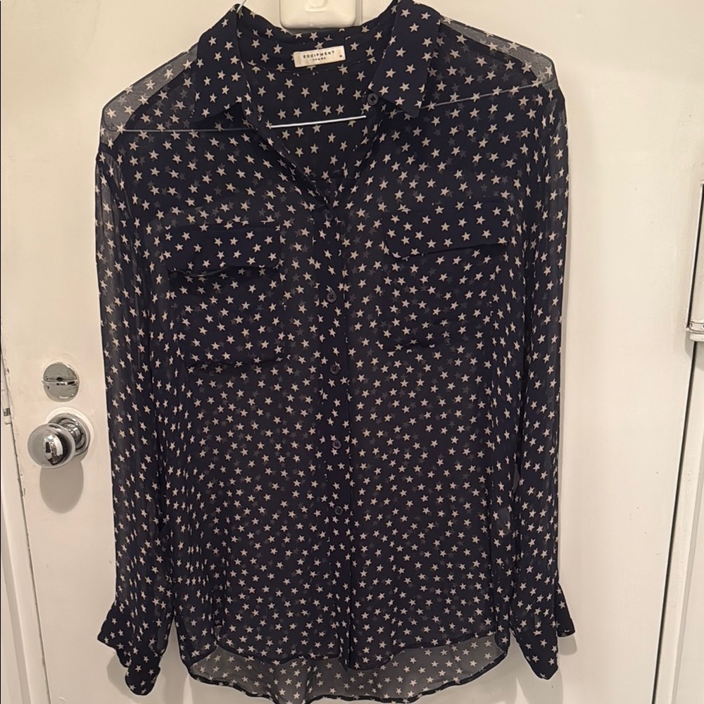 Equipment Blue Buttoned Notched Collar Blouse
